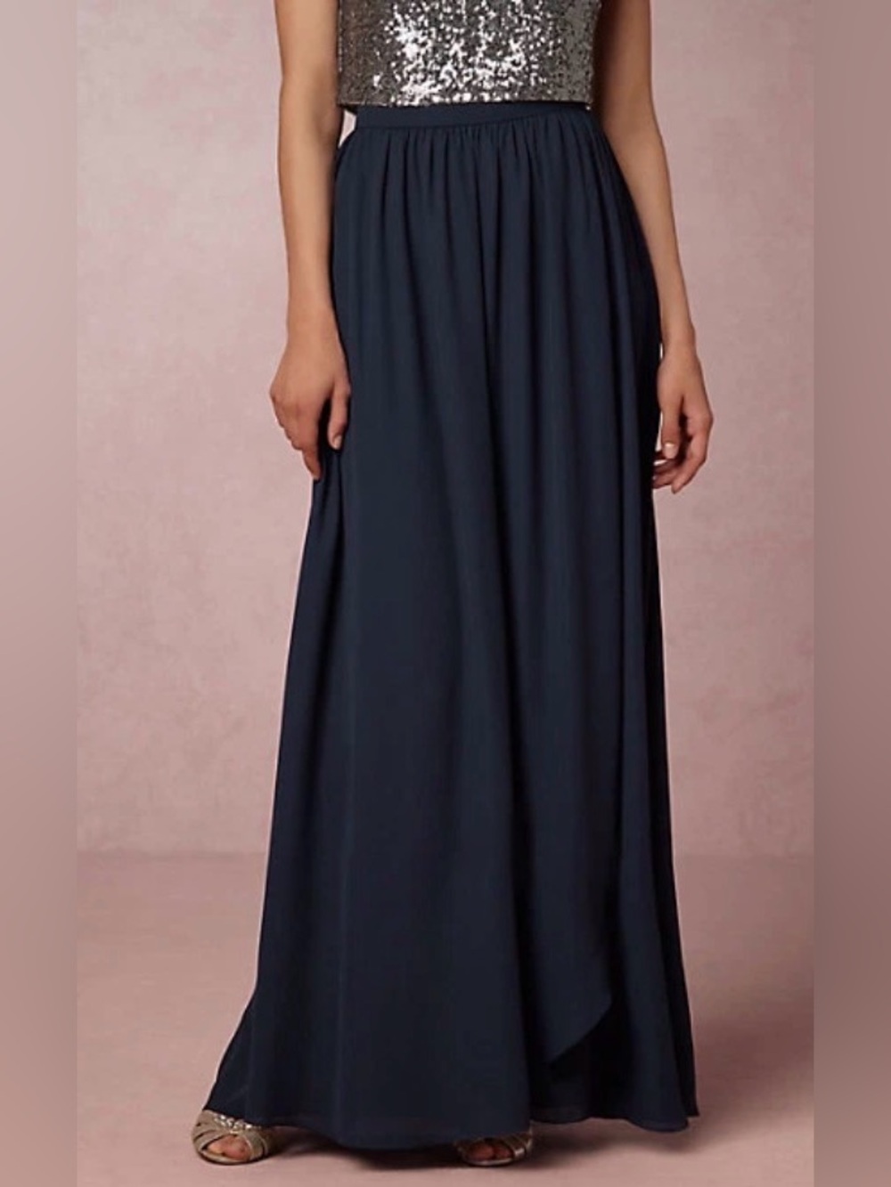 Anthropologie Sheer Flattering Navy Maxi Skirt with Gathered Waist